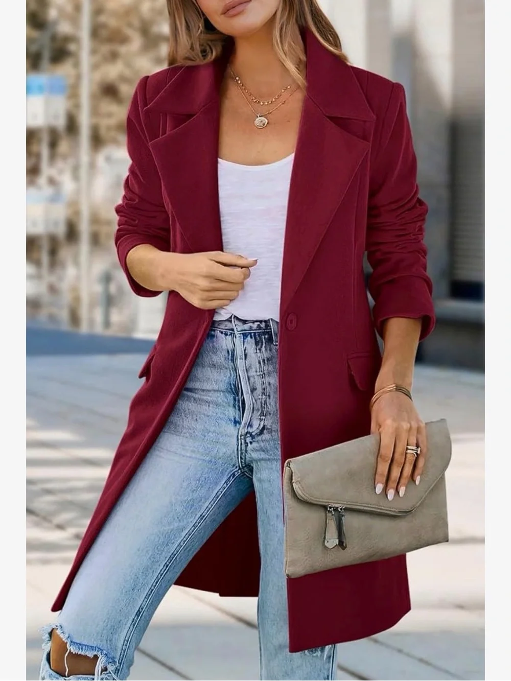 Women's Wine Long Blazer Jacket - Elegant Tailored Coat